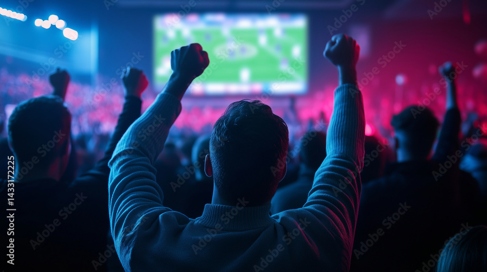 Dark ambient lighting with colorful neon signs illuminating the room as a group of men cheer and watch a football game unfold on the big screen in the sports bar