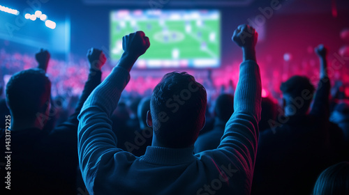 Dark ambient lighting with colorful neon signs illuminating the room as a group of men cheer and watch a football game unfold on the big screen in the sports bar