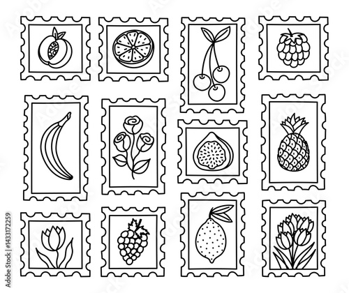 Lovely black and white set of doodle postage stamp with image of summertime tropical fruits and springtime flowers. Retro airmail postmarks. Trendy trip postal labels with rose, peach, grape.