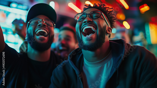 Men at a sports bar laughing and shouting at the TV, celebrating their football team's victory together, with the colorful neon bar lights adding a festive glow to the scene