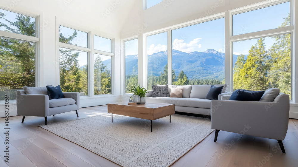 Fototapeta premium Spacious contemporary living room with large windows allowing natural light to fill the room, neutral tones on the walls, sleek modern furniture, and a cozy wooden floor finish, cr