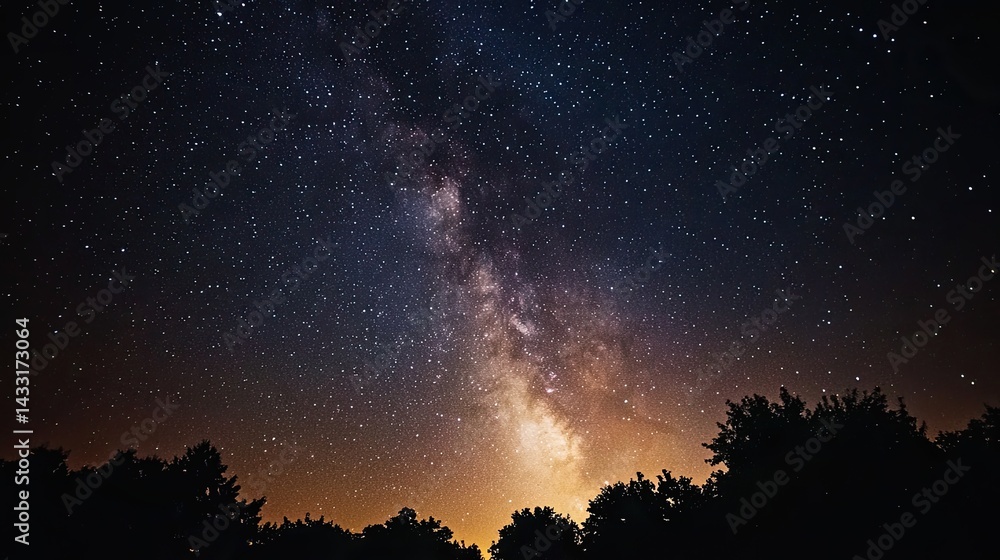 Fototapeta premium Night Sky with Milky Way Galaxy over Silhouetted Trees