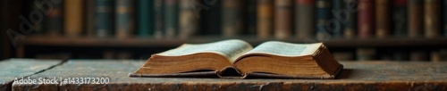 Old, leather-bound book sitting alone on a dusty shelf, shelf, old, leather