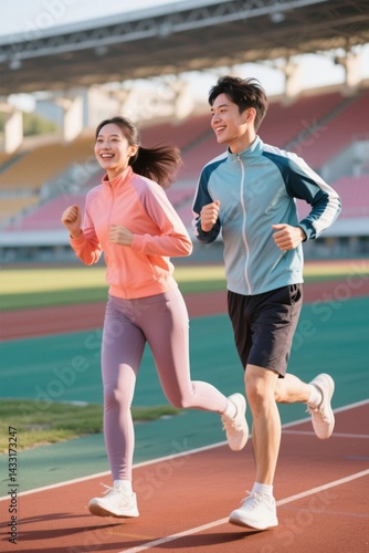 they are running on a track together in a stadium