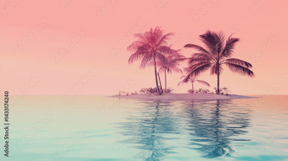 Fototapeta premium Scenic tropical island with tall palm trees surrounded by calm water under pink sunset sky ideal for travel vacation relaxation nature scenes
