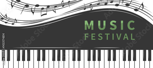Music festival or concert poster. Piano with notes. Vector horizontal banner for music events.