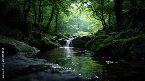 Flowing Stream and Waterfall in Lush Green Forest Landscape Scene