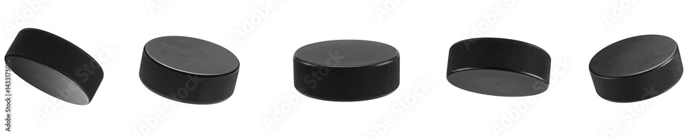 Fototapeta premium Hockey pucks set close up, various angles, texture and lighting, black rubber, professional sport gear, winter game. Isolated on white or transparent background