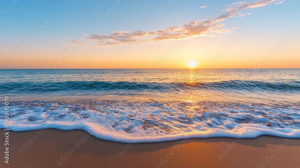 Obraz premium Sunset over gentle ocean waves on a sandy beach.