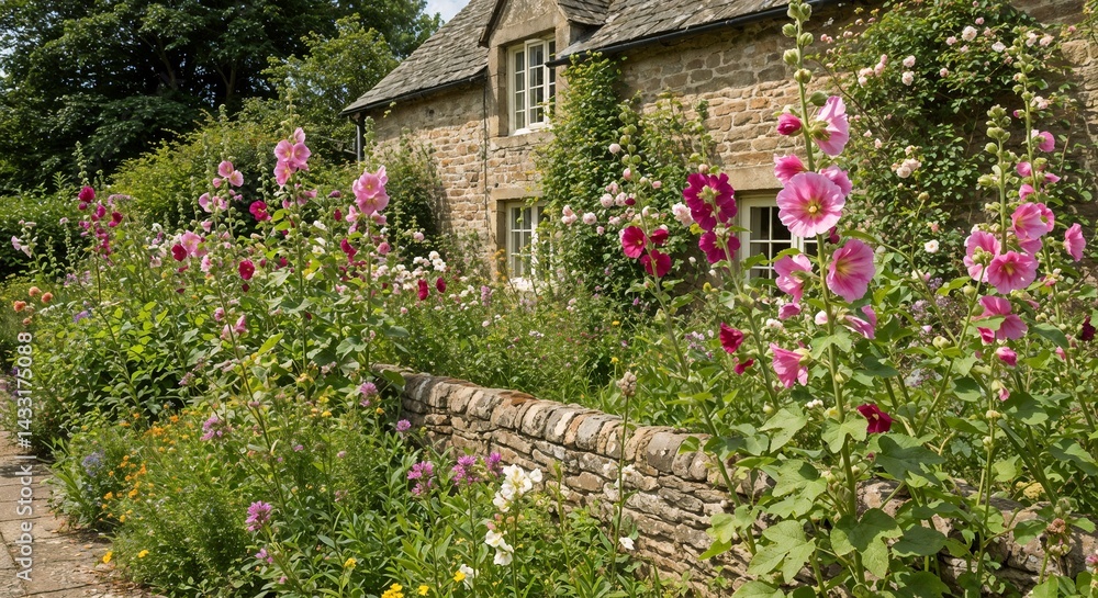Obraz premium Charming flower garden with pink hollyhocks beside a stone house 