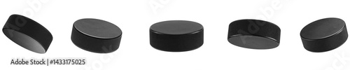Hockey pucks set close up,  various angles, texture and lighting, black rubber, professional sport gear, winter game. Isolated on white or transparent  background