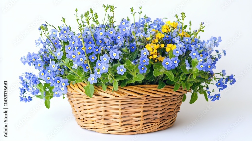 A basket of blue speedwell and forget-me-nots, accented with yellow rapeseed, sits on a white background. Plenty of space is available for text.
A basket of blue speedwell and forget-me-nots, accented with yellow rapeseed, sits on a white background. Plenty of space is available for text.