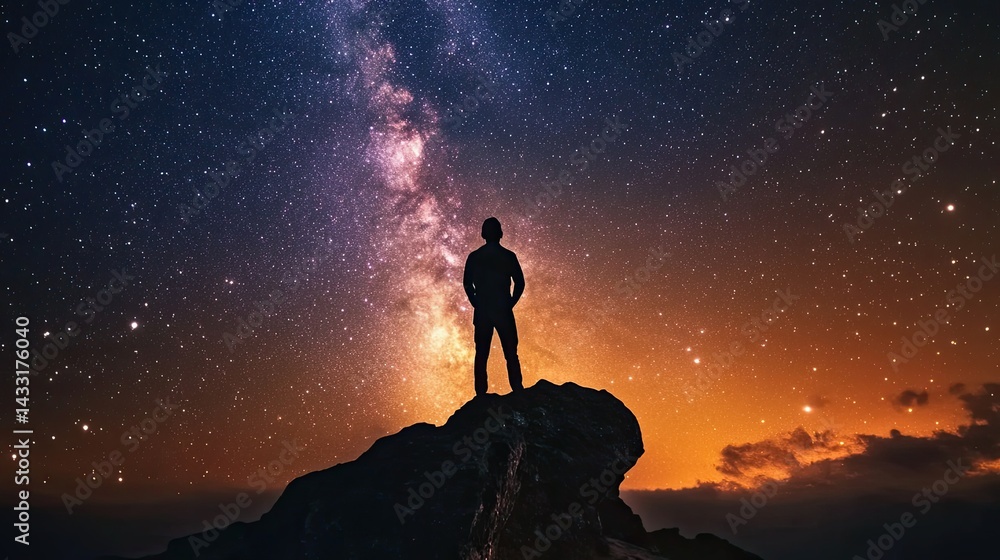 Fototapeta premium Silhouette of a Man on a Mountaintop Under a Starry Night Sky with the Milky Way