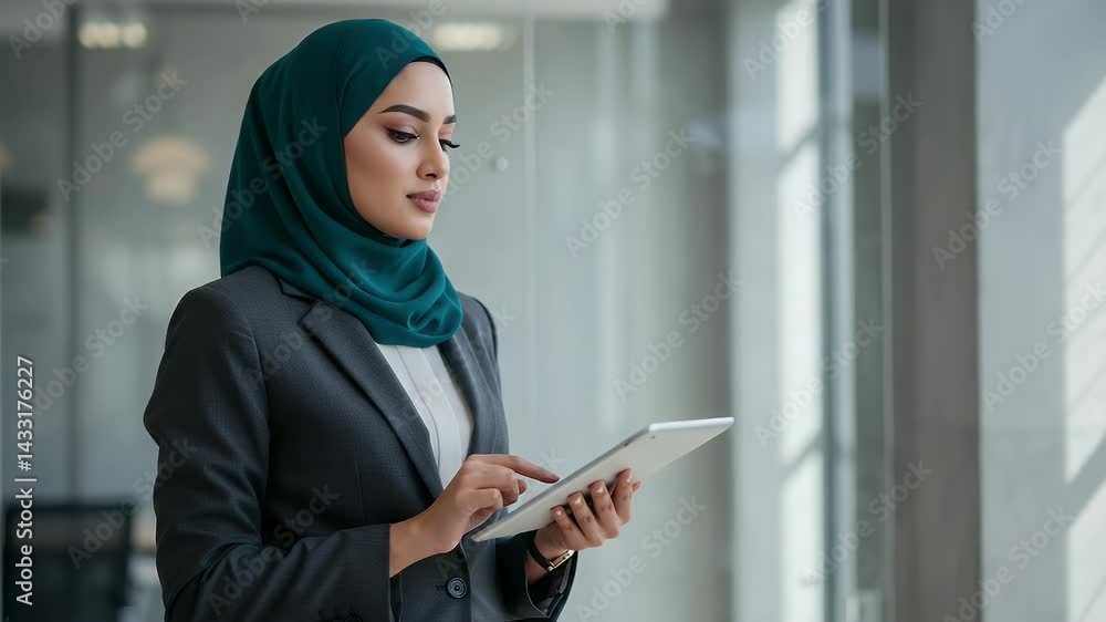 Confident Muslim Businesswoman using Tablet in Modern Office Confident Muslim Businesswoman using Tablet in Modern Office
