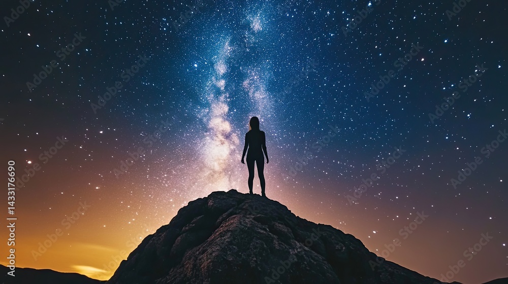 Fototapeta premium Silhouette of a Person Standing on a Mountaintop Under a Starry Night Sky