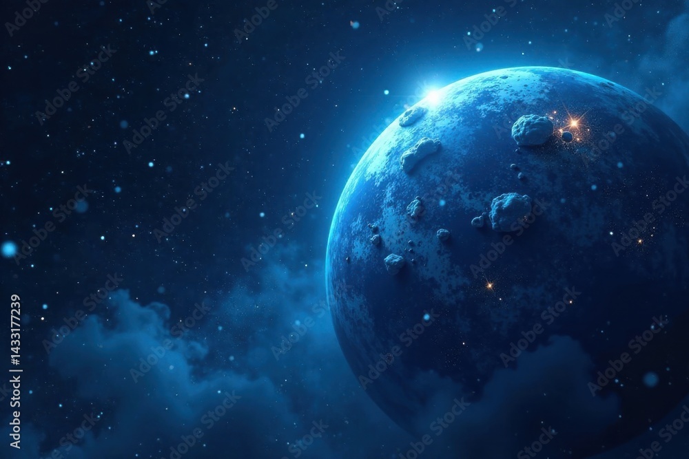 Obraz premium Dark space with icy blue glow of distant planet surrounded by snowflakes , snowflake, galaxy, cosmic