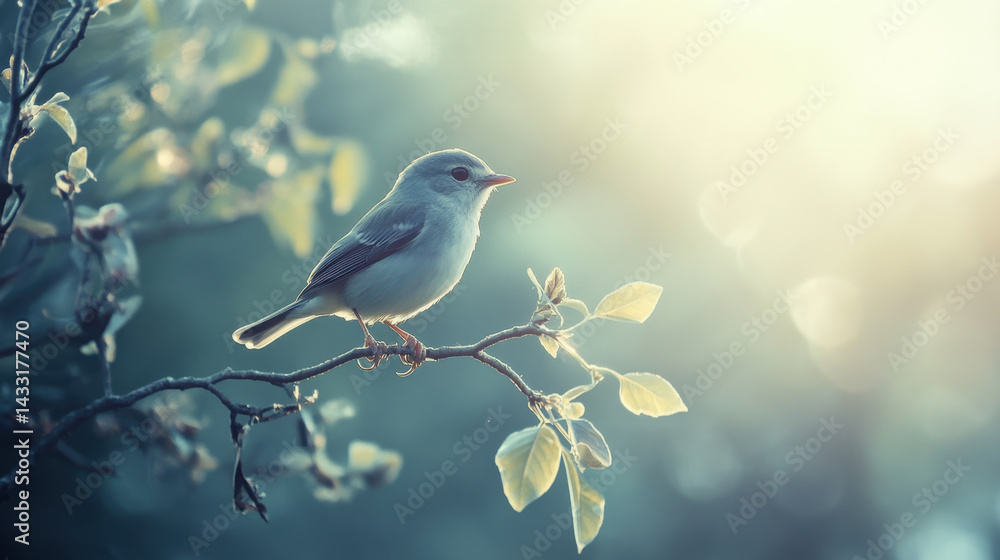 Fototapeta premium Small songbird perched on a delicate branch with fresh green leaves in soft sunlight du early morning in a peaceful natural setting
