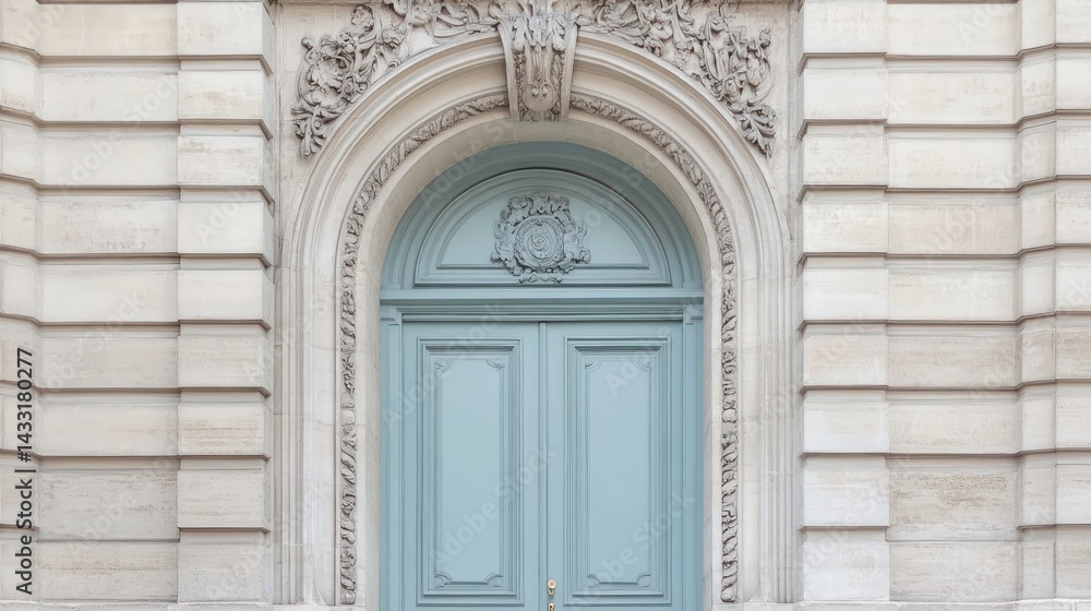 Parisian building, arched doorway, pale blue door, stone facade, elegant entrance Parisian building, arched doorway, pale blue door, stone facade, elegant entrance