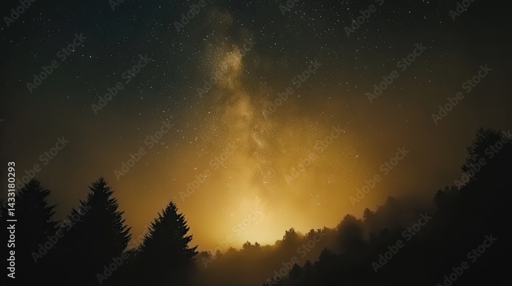 Silhouetted Trees and Foggy Forest Under a Starry Night Sky with Milky Way Silhouetted Trees and Foggy Forest Under a Starry Night Sky with Milky Way