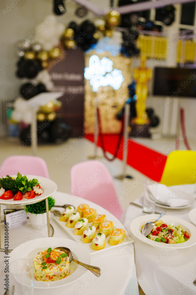 Assorted canapes for the festive table. Catering services for banquets.