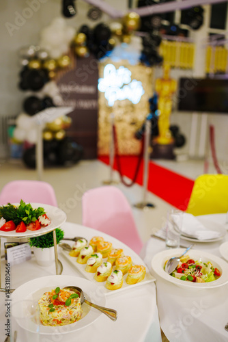 Assorted canapes for the festive table. Catering services for banquets. 