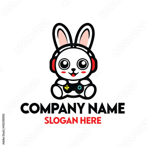 Cute rabbit with headphones and a joystick, perfect for a gaming company logo