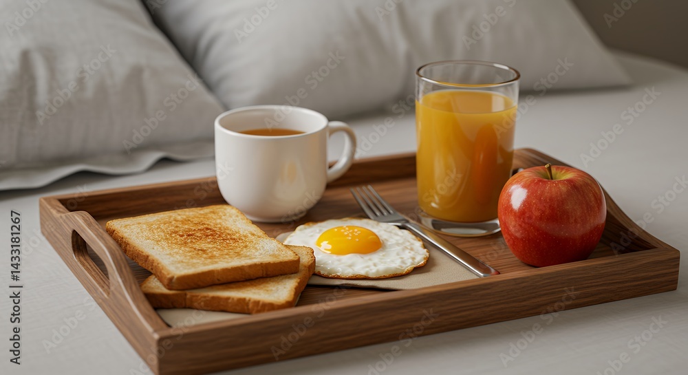 Breakfast tray with toasted bread fried egg coffee orange juice and apple Breakfast tray with toasted bread fried egg coffee orange juice and apple