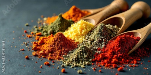 Fototapeta Naklejka Na Ścianę i Meble -  Colorful spices scattered on a dark background , spices, aroma, spice rack