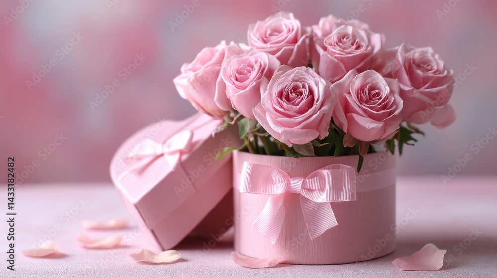 Pink Roses Arranged in Gift Box with Heart Shape and Ribbon Pink Roses Arranged in Gift Box with Heart Shape and Ribbon