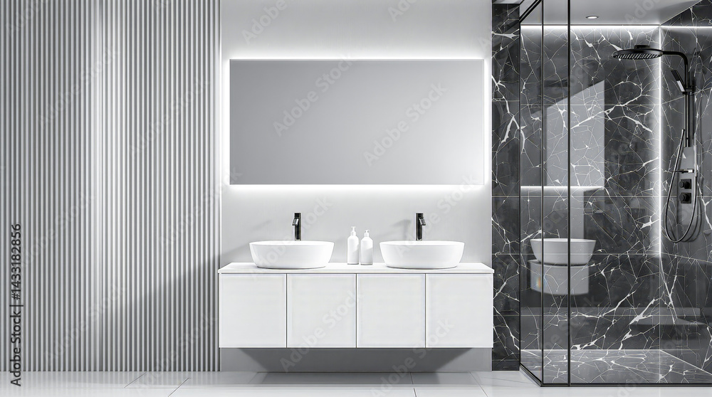 Fototapeta premium modern minimalist bathroom with sleek white vanities and dark marble shower