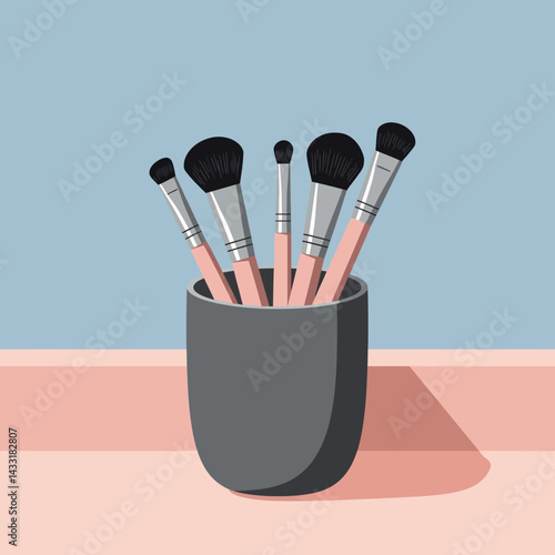 Makeup brushes in grey holder with pink handles on blue background vector illustration 