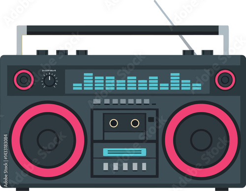 Retro boombox with cassette player and colorful equalizer graphic vector illustration 