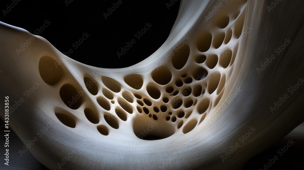 Fototapeta premium Close-up of an abstract, organic-shaped structure with numerous circular and oval holes, featuring dramatic lighting and a dark background.