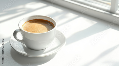 Close-up of a steaming cup of coffee on a white saucer placed on a ill with sunlight casting soft shadows, creating a cozy and relaxing morning atmosphere