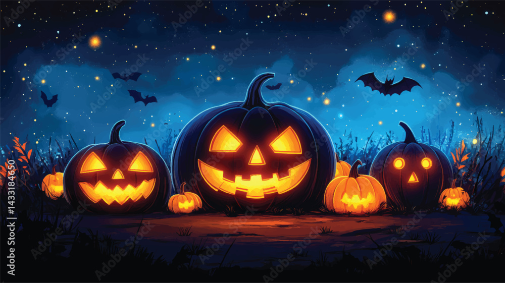 Scary Cartoon Castle Surrounded by Jack-o'-Lanterns Scary Cartoon Castle Surrounded by Jack-o'-Lanterns