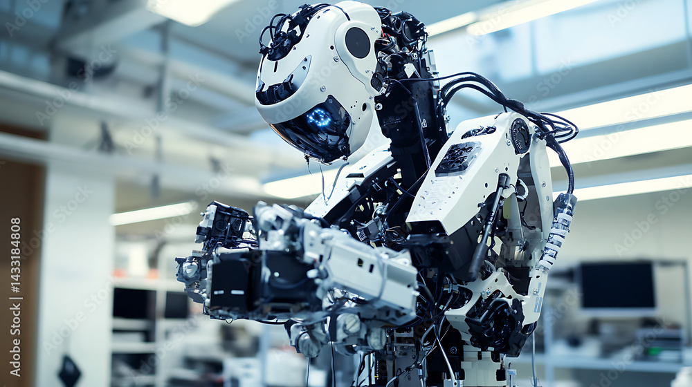 Fototapeta premium A robotic arm in an AI managed lab, assembling components for autonomous robots used in autonomous public transportation systems, Transport-tech style