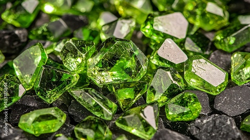 A collection of green gemstones (emerald, peridot, jade) arranged artistically, sparkling with internal fire