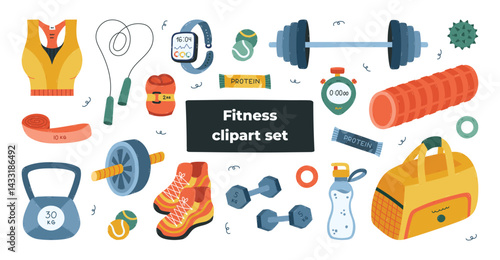 Big lovely cartoon workout and gym set with equipment for fitness, weightlifting, workout. Cute hand drawn sport collection with sport bra, kettlebell, skipping rope, pilates band isolated on white.