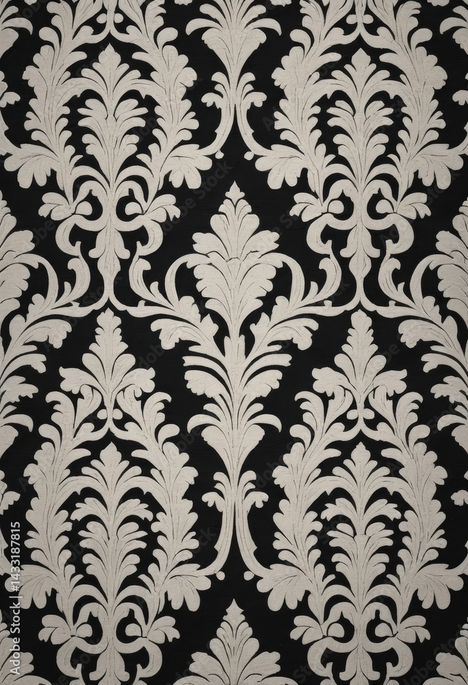 An elegant black and white damask wallpaper featuring intricate, swirling patterns and floral motifs, adding a touch of vintage sophistication to any space. An elegant black and white damask wallpaper featuring intricate, swirling patterns and floral motifs, adding a touch of vintage sophistication to any space.