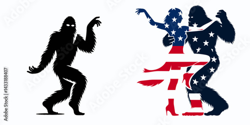 bigfoot wear american flag dancing tango. Funny Animal Vector Clip art. Sasquatch adornment patriotic banner hoofing ballroom waltz.