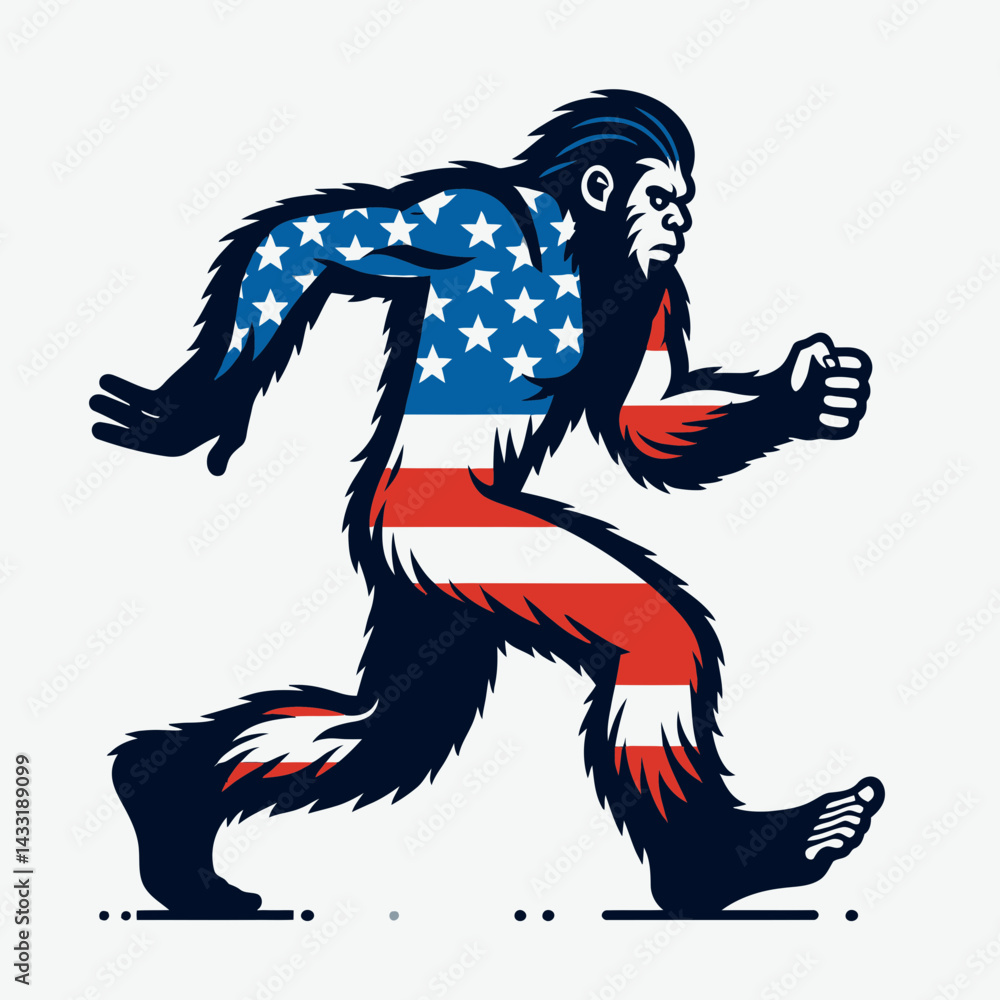 Fototapeta premium bigfoot wear american flag running. Funny Animal Vector Clip art. Sasquatch apparel patriot emblem sprint star-spangled banner exercise.