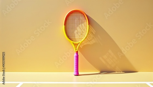 Brightly colored tennis racket leaning against a smooth wall in an indoor court setting