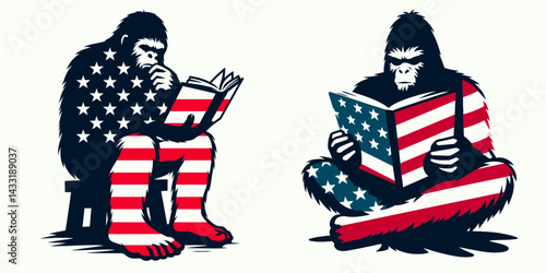 bigfoot wear american flag Reading together. Funny Animal Vector Clip art. Colossal hominid donning star-spangled banner book appreciation jointly.