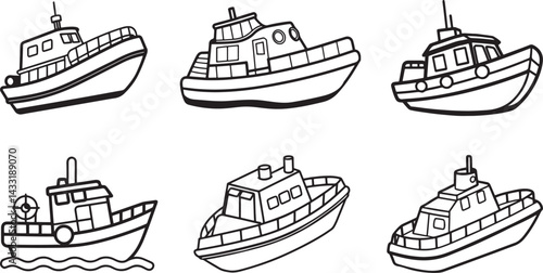 set of rescue boat line art, black outline, vector and illustration, coloring book page line art drawing