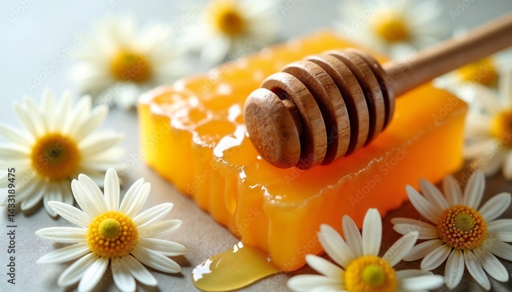 Honey drips from a wooden dipper onto a honeycomb surrounded by fresh daisies