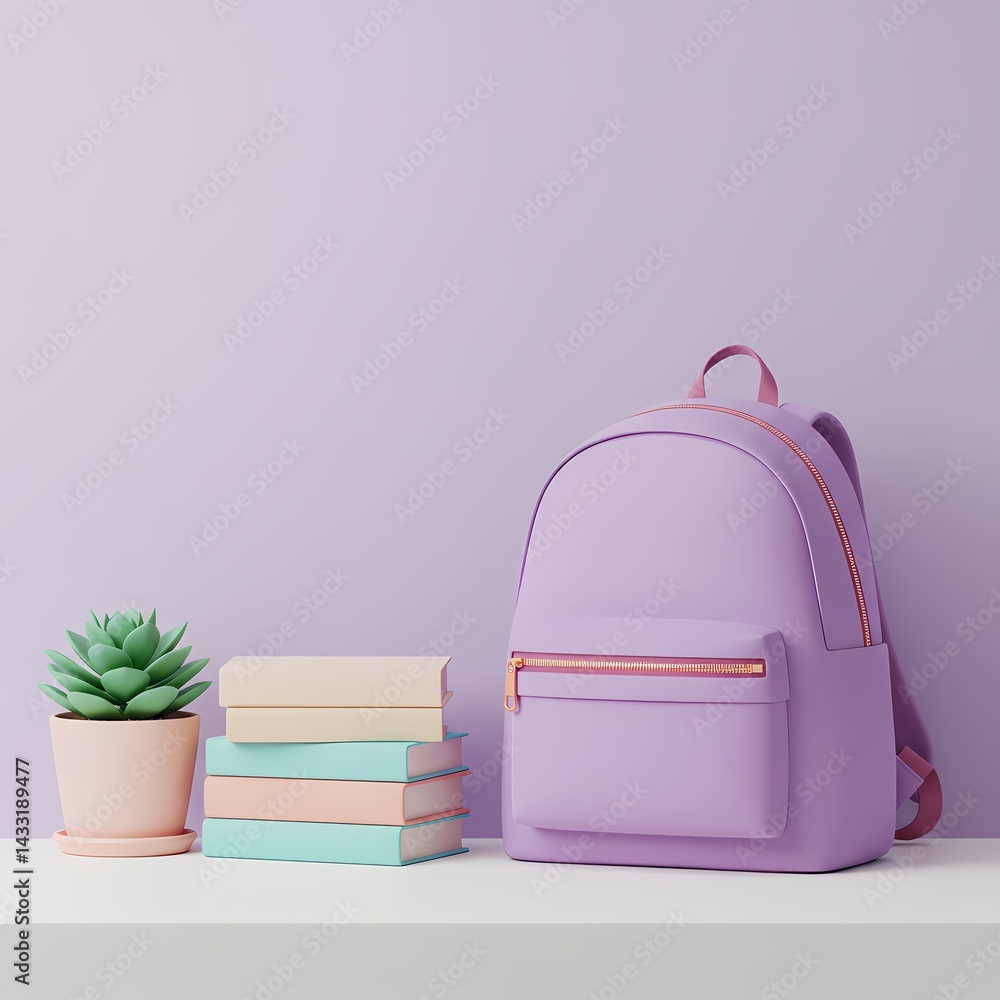 3D on a white shelf, accompanied by a small potted plant and a stack of books. The background is a solid purple colo 3D on a white shelf, accompanied by a small potted plant and a stack of books. The background is a solid purple colo