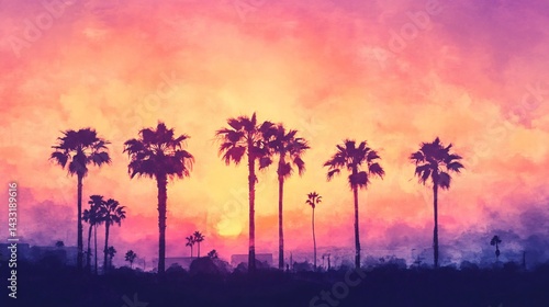 Ethereal watercolor sunset with smooth orange-to-purple gradient, silhouetted palm trees in soft black washes