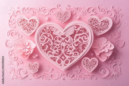 A collection of pink hearts scattered across a soft pink background