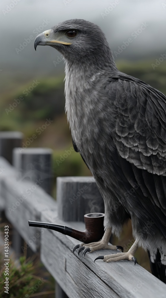 Fototapeta premium Grey bird of prey perched on a wooden fence, a smoking pipe resting on its claws