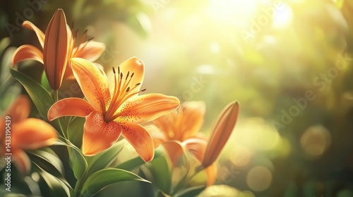 Vibrant orange lilies bathed in sunlight